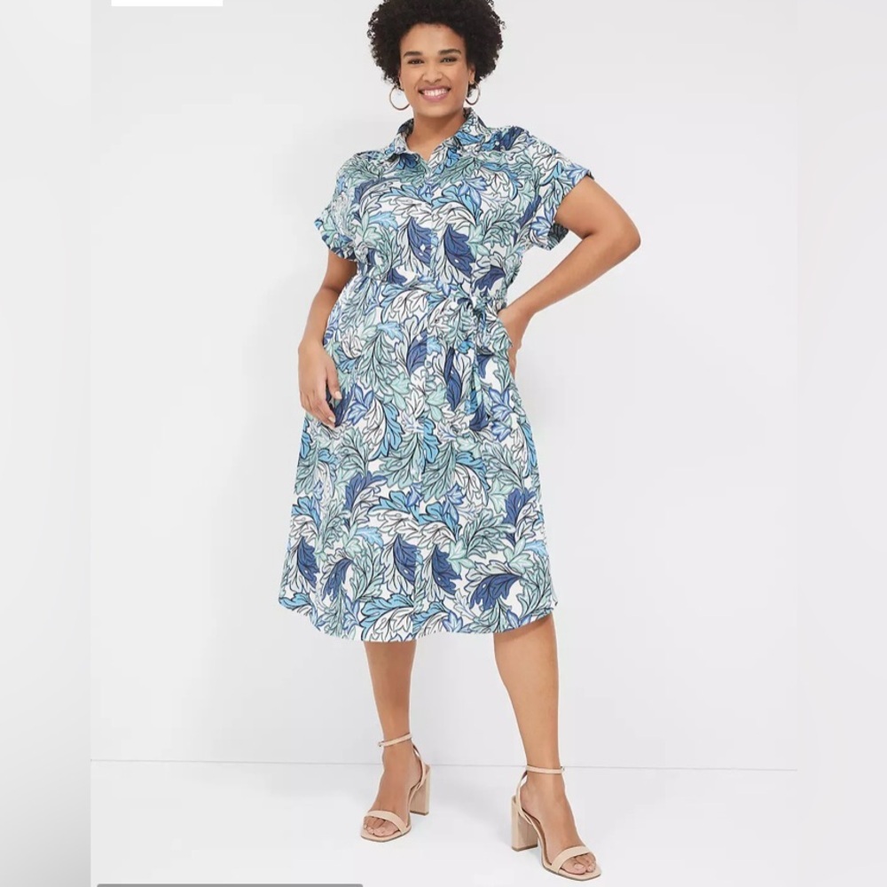 Lane Bryant Tie-Waist Midi Shirt Dress in color Multi Blue Leaves